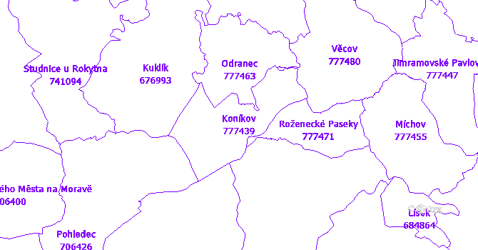 Katastrální mapa Koníkov - přehledová mapa katastrálního území