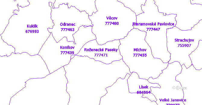 Katastrální mapa Roženecké Paseky - přehledová mapa katastrálního území