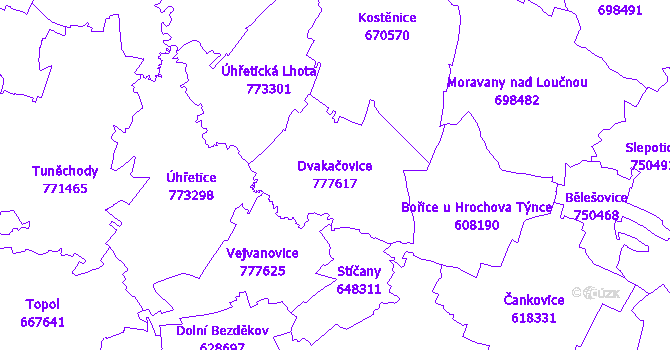 Katastrální mapa Dvakačovice - přehledová mapa katastrálního území