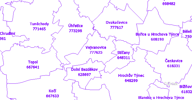 Katastrální mapa Vejvanovice - přehledová mapa katastrálního území