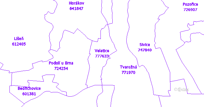Katastrální mapa Velatice - přehledová mapa katastrálního území