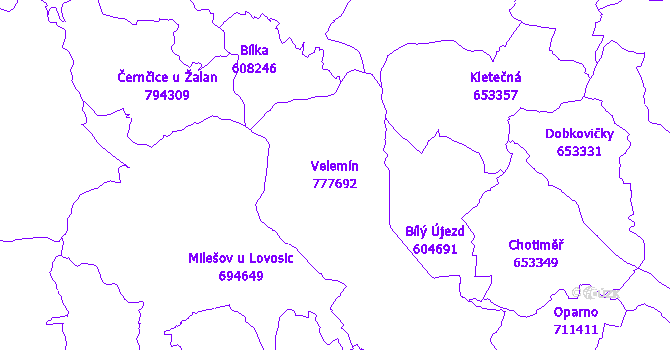 Katastrální mapa Velemín - přehledová mapa katastrálního území