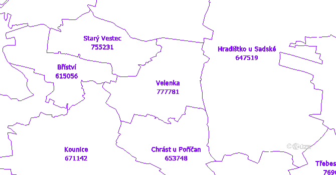 Katastrální mapa Velenka - přehledová mapa katastrálního území