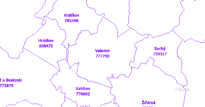 Katastrální mapa Velenov - přehledová mapa katastrálního území