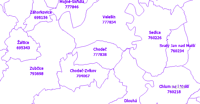 Katastrální mapa Chodeč - přehledová mapa katastrálního území