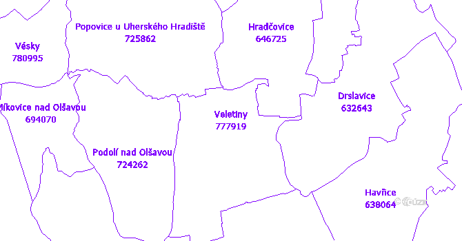 Katastrální mapa Veletiny - přehledová mapa katastrálního území