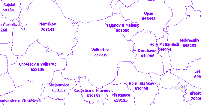 Katastrální mapa Velhartice - přehledová mapa katastrálního území