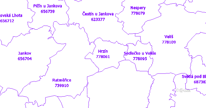 Katastrální mapa Hrzín - přehledová mapa katastrálního území