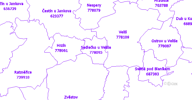 Katastrální mapa Sedlečko u Veliše - přehledová mapa katastrálního území
