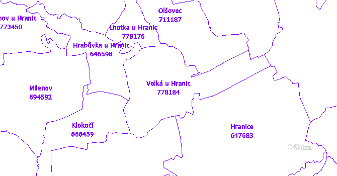 Katastrální mapa Velká u Hranic - přehledová mapa katastrálního území