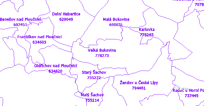 Katastrální mapa Velká Bukovina - přehledová mapa katastrálního území