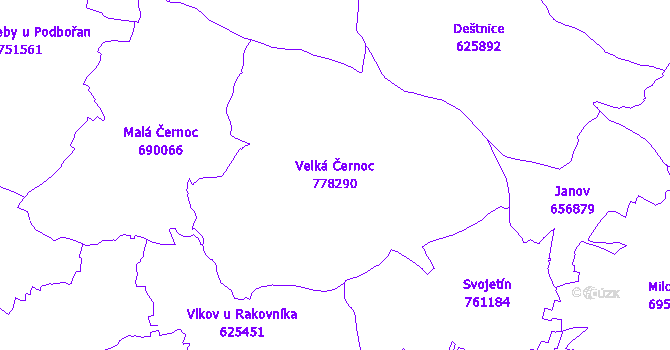 Katastrální mapa Velká Černoc - přehledová mapa katastrálního území