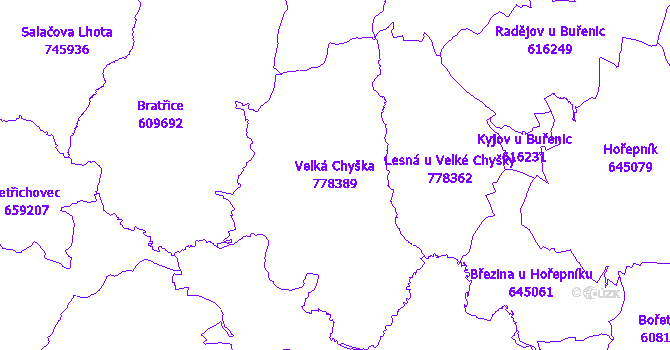 Katastrální mapa Velká Chyška - přehledová mapa katastrálního území