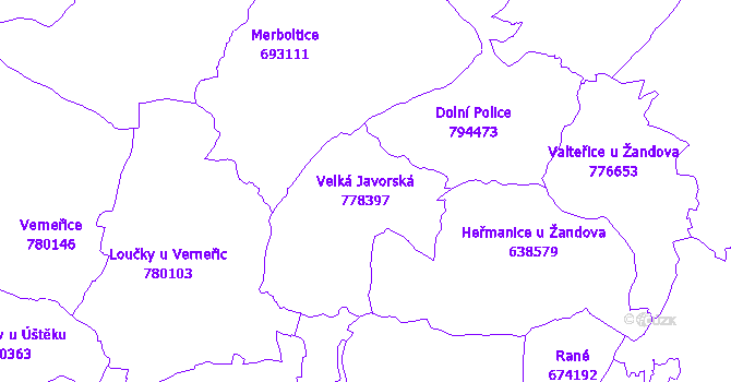 Katastrální mapa Velká Javorská - přehledová mapa katastrálního území