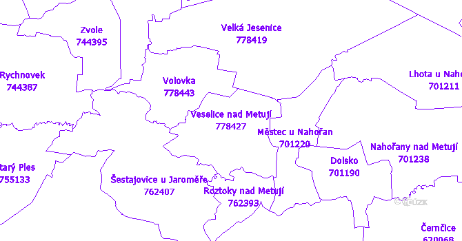 Katastrální mapa Veselice nad Metují - přehledová mapa katastrálního území