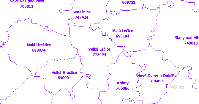 Katastrální mapa Velká Lečice - přehledová mapa katastrálního území