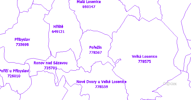 Katastrální mapa Pořežín - přehledová mapa katastrálního území