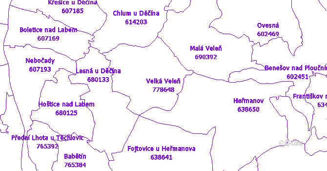 Katastrální mapa Velká Veleň - přehledová mapa katastrálního území