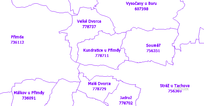 Katastrální mapa Kundratice u Přimdy - přehledová mapa katastrálního území