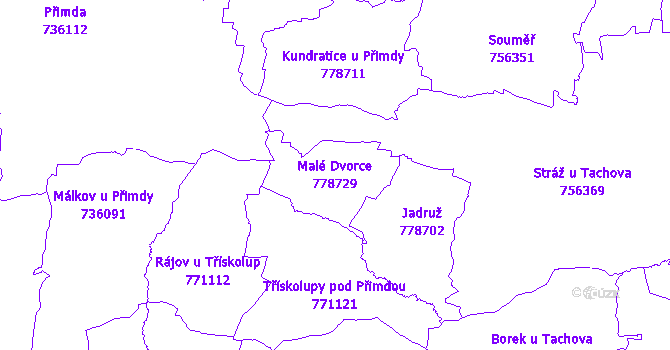 Katastrální mapa Malé Dvorce - přehledová mapa katastrálního území