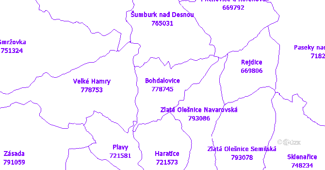 Katastrální mapa Bohdalovice - přehledová mapa katastrálního území