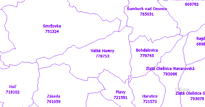Katastrální mapa Velké Hamry - přehledová mapa katastrálního území