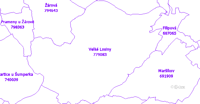 Katastrální mapa Velké Losiny - přehledová mapa katastrálního území
