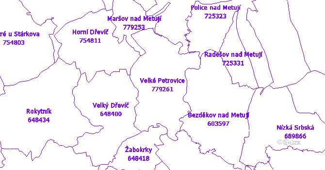 Katastrální mapa Velké Petrovice - přehledová mapa katastrálního území