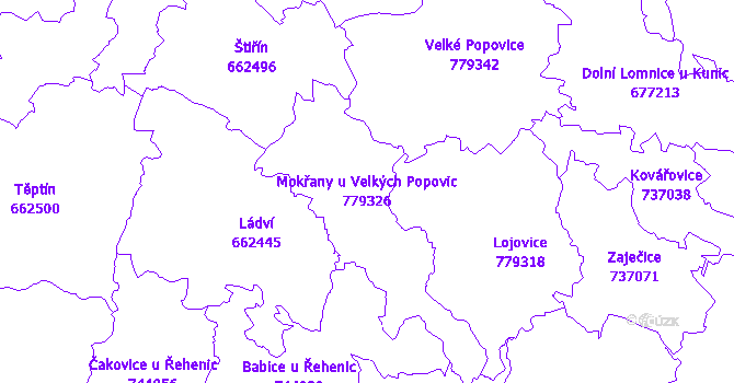 Katastrální mapa Mokřany u Velkých Popovic - přehledová mapa katastrálního území