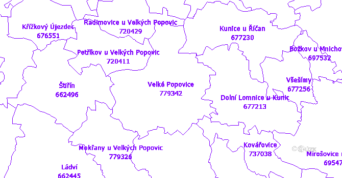 Katastrální mapa Velké Popovice - přehledová mapa katastrálního území