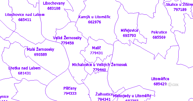 Katastrální mapa Malíč - přehledová mapa katastrálního území