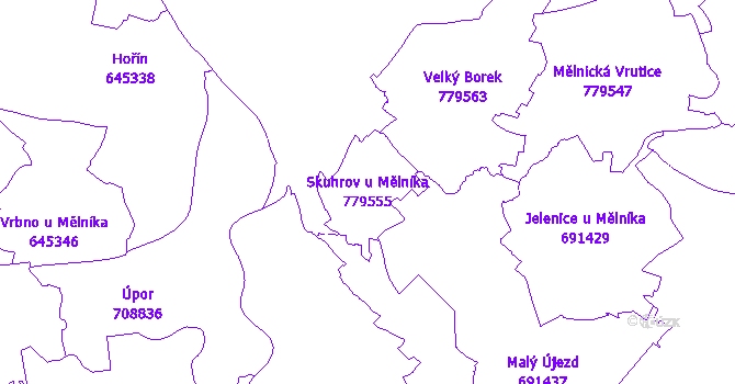 Katastrální mapa Skuhrov u Mělníka - přehledová mapa katastrálního území