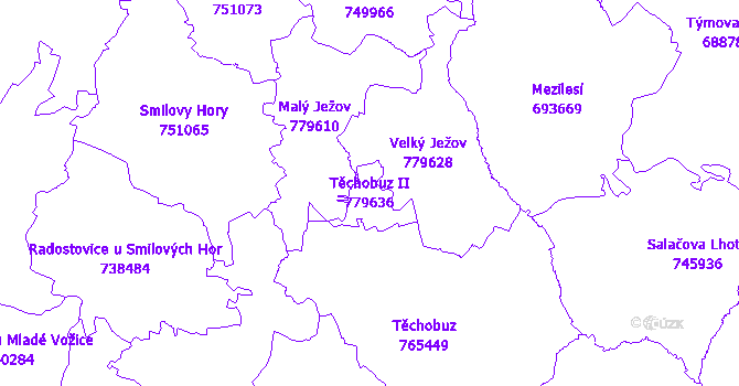Katastrální mapa Těchobuz II - přehledová mapa katastrálního území
