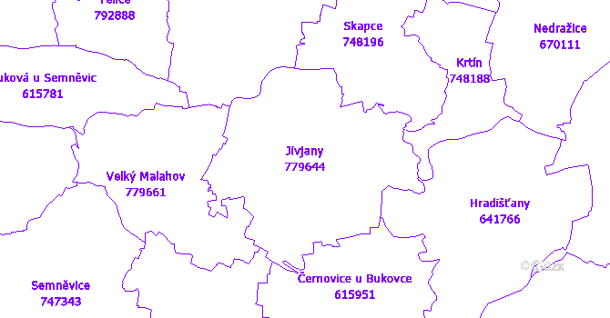 Katastrální mapa Jivjany - přehledová mapa katastrálního území