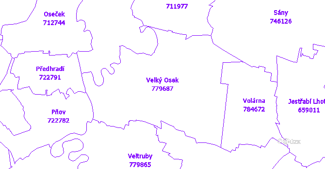 Katastrální mapa Velký Osek - přehledová mapa katastrálního území