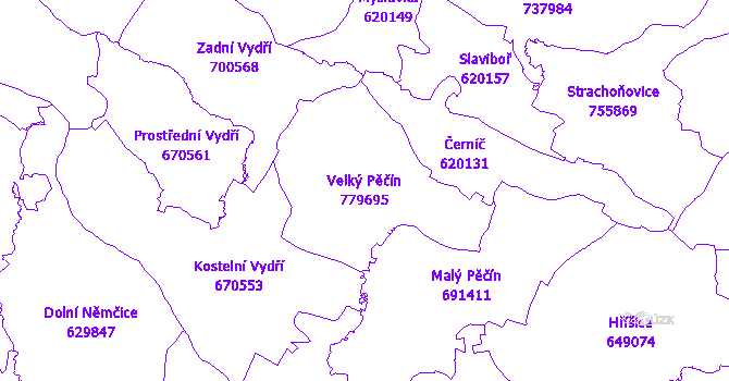 Katastrální mapa Velký Pěčín - přehledová mapa katastrálního území
