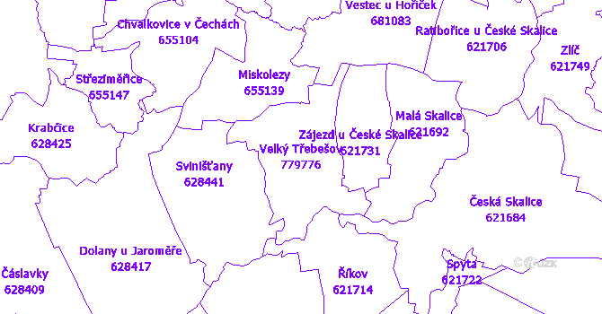 Katastrální mapa Velký Třebešov - přehledová mapa katastrálního území