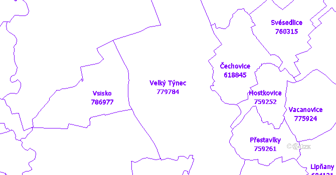 Katastrální mapa Velký Týnec - přehledová mapa katastrálního území
