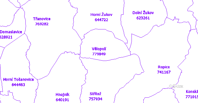 Katastrální mapa Vělopolí - přehledová mapa katastrálního území