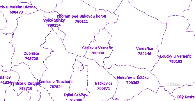 Katastrální mapa Čáslav u Verneřic - přehledová mapa katastrálního území