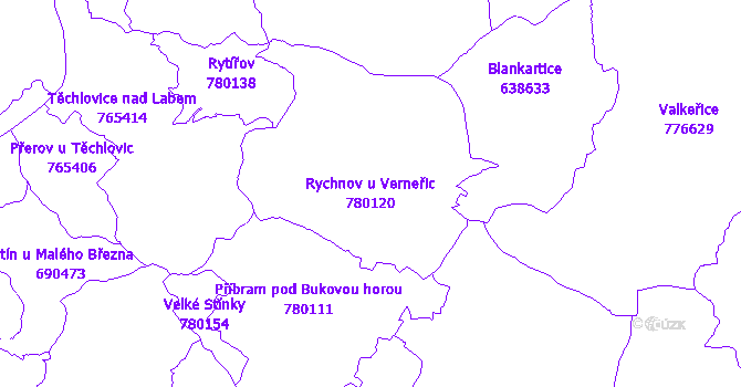 Katastrální mapa Rychnov u Verneřic - přehledová mapa katastrálního území