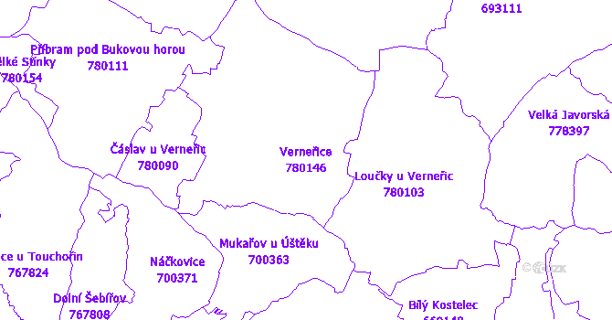 Katastrální mapa Verneřice - přehledová mapa katastrálního území
