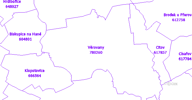 Katastrální mapa Věrovany - přehledová mapa katastrálního území