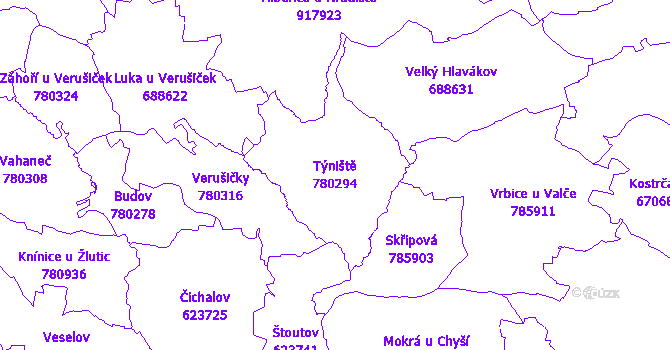 Katastrální mapa Týniště - přehledová mapa katastrálního území