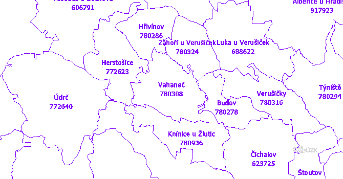 Katastrální mapa Vahaneč - přehledová mapa katastrálního území