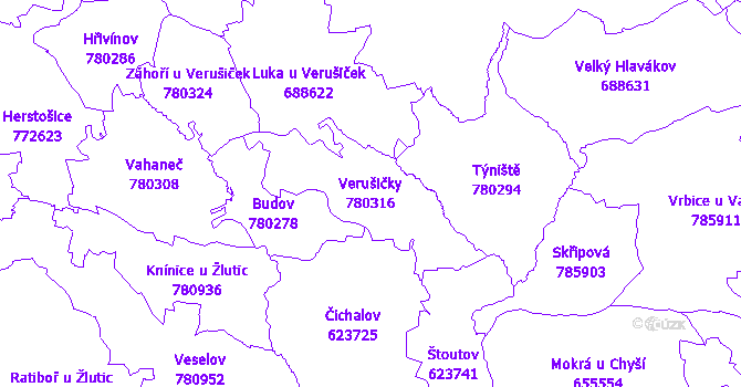 Katastrální mapa Verušičky - přehledová mapa katastrálního území