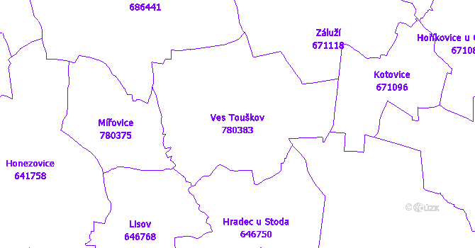 Katastrální mapa Ves Touškov - přehledová mapa katastrálního území