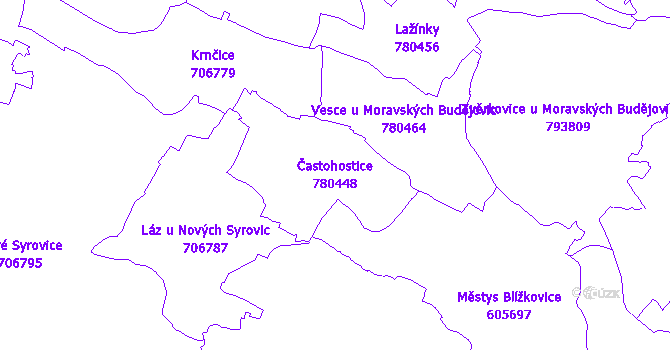 Katastrální mapa Častohostice - přehledová mapa katastrálního území