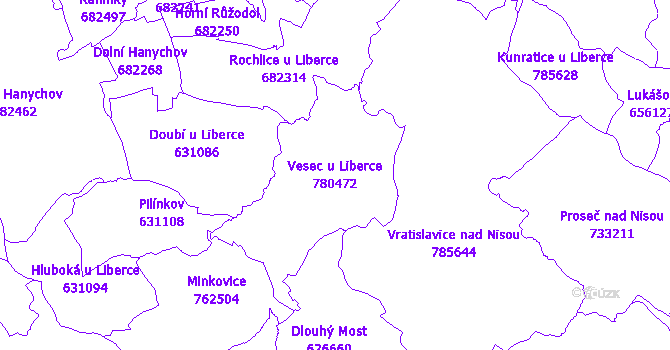 Katastrální mapa Vesec u Liberce - přehledová mapa katastrálního území