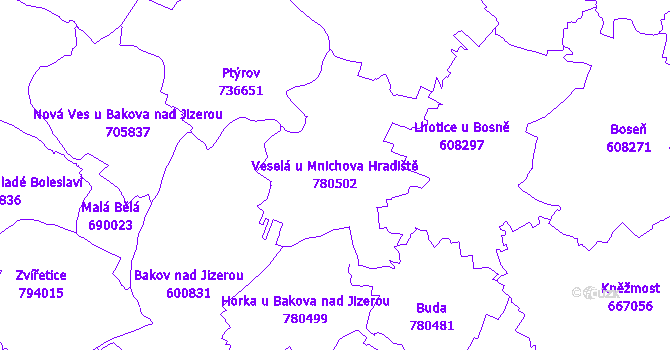 Katastrální mapa Veselá u Mnichova Hradiště - přehledová mapa katastrálního území